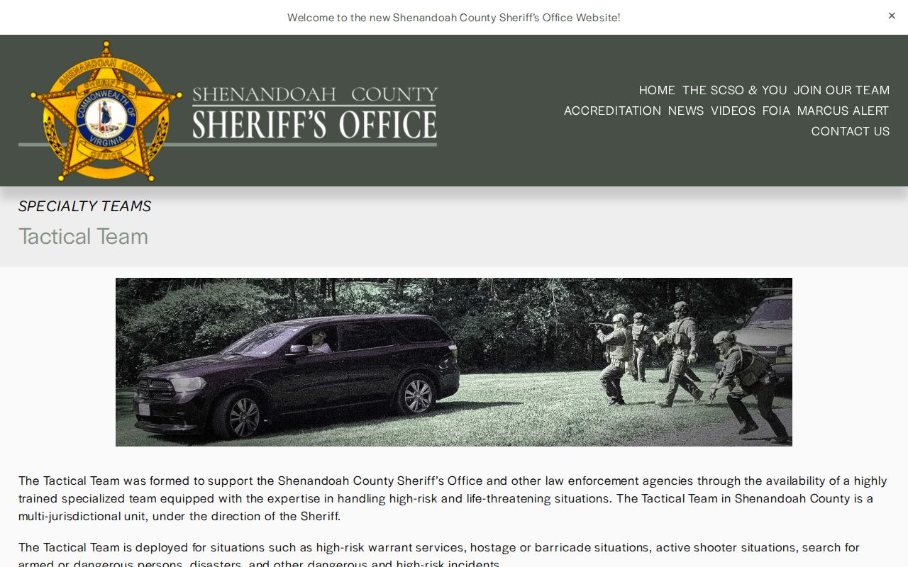 Shenandoah County warrant service information from the Sheriff tactical team page