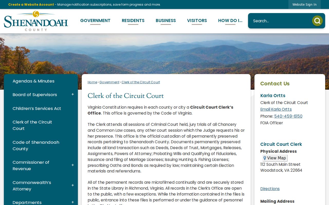 Shenandoah County bench warrant records and Circuit Clerk contact