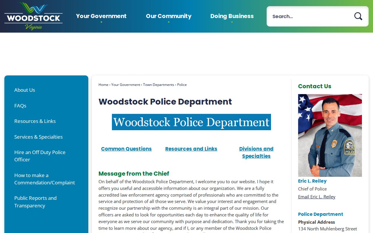 Woodstock warrant records begin with the town Police Department contact