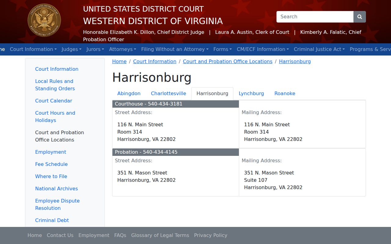 Federal arrest warrant route for Shenandoah County through the Harrisonburg court